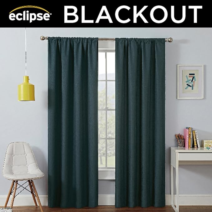 Eclipse Kendall Modern Blackout Thermal Rod Pocket Window Curtain, Insulating & Noise Reducing Curtains for Bedroom or Living Room (1 Panel), 63 in Long x 42 in Wide, Teal