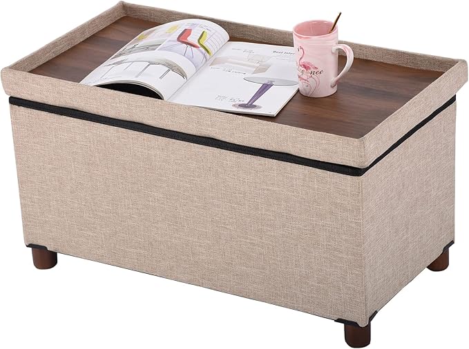 30 Inches Storage Ottoman Bench, Storage Bench with Wooden Legs for Living Room Ottoman Foot Rest Removeable Lid for Bedroom End of Bed, Linen Fabric, Folding Beige Ottoman