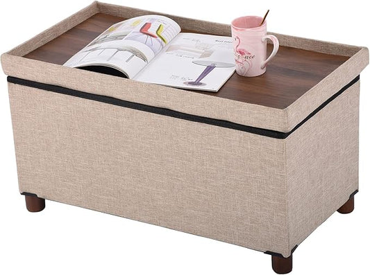 30 Inches Storage Ottoman Bench, Storage Bench with Wooden Legs for Living Room Ottoman Foot Rest Removeable Lid for Bedroom End of Bed, Linen Fabric, Folding Beige Ottoman