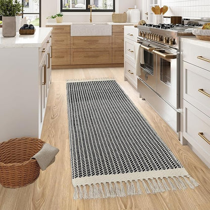 Lahome Boho Hallway Runner Rug, 2x6 Laundry Room Lightweight Entry Woven Cotton Throw Mat with Tassels, Farmhouse Non Shedding Washable Black Low Pile Runner for Kitchen Bathroom