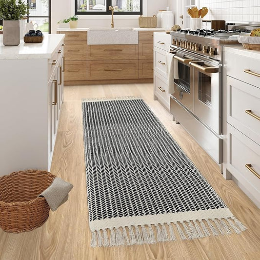 Lahome Boho Hallway Runner Rug, 2x6 Laundry Room Lightweight Entry Woven Cotton Throw Mat with Tassels, Farmhouse Non Shedding Washable Black Low Pile Runner for Kitchen Bathroom