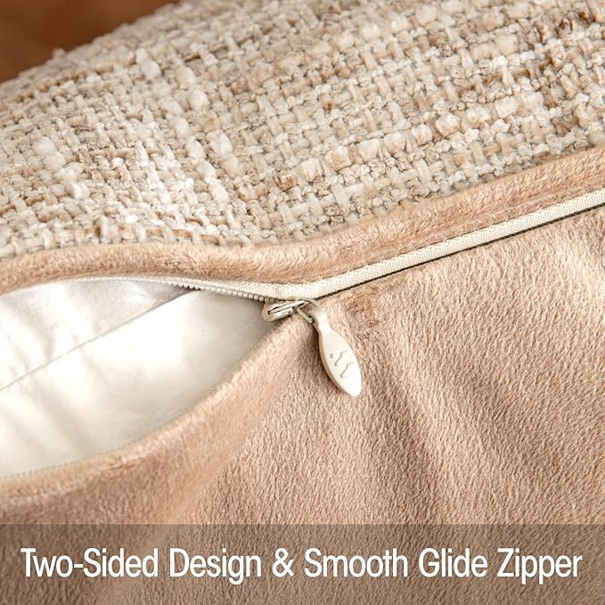 a moment Khaki Reversible Pillow Covers 2 Pack - Farmhouse Chenille Throw Pillows, Neutral Textured Decorative Throw Pillow Covers with Border for Couch Sofa Bed (18x18 Inch, No Insert)