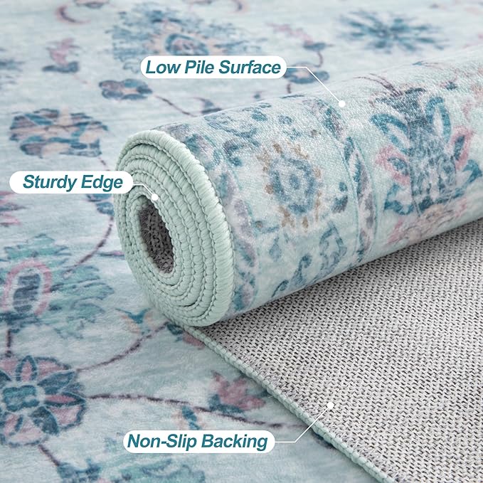 Tangsoo 3x5 Floral Area Rug Washable Non-Slip Low Pile Vintage Boho Distressed Carpet for Bedroom, Entryway, Kitchen, Office, Foyer Decor - Pet & Child Friendly (Light Blue)