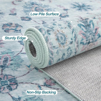 Tangsoo 3x5 Floral Area Rug Washable Non-Slip Low Pile Vintage Boho Distressed Carpet for Bedroom, Entryway, Kitchen, Office, Foyer Decor - Pet & Child Friendly (Light Blue)