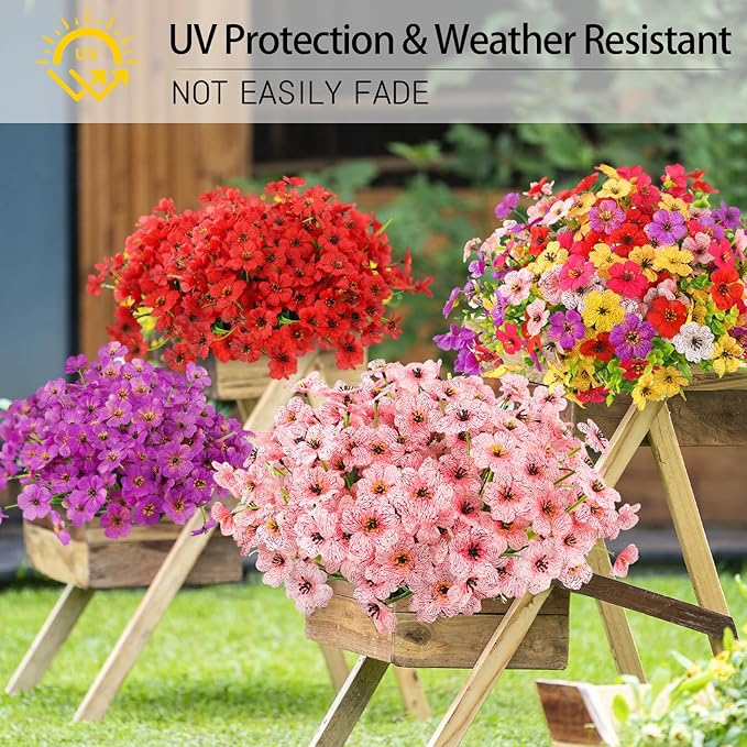 MACTING Artificial Flowers for Outdoors 12 Bundles Fake Flowers UV Resistant Faux Plastic Plants No Fade for Hanging Planters Window Patio Porch Garden Home Indoor Outdoor Summer Decorations(Pink)