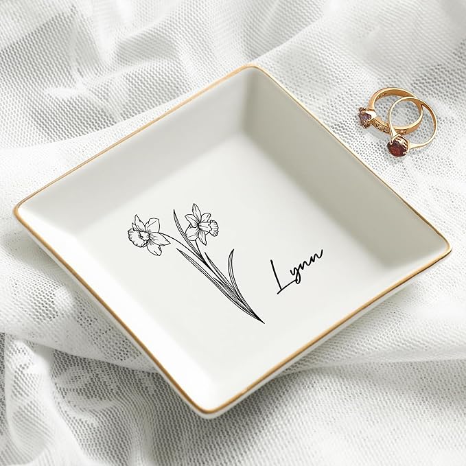 Gossby Personalized Jewelry Tray - Gift for Women Mom Friend with Birth Month Flower Name - Ceramic Trinket Tray Dish Plate for Ring Earring Bracelet - Gift Mothers Day Birthday Christmas V5