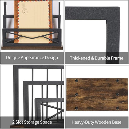 Snughome Desktop Mail Organizer, Desk Mail Organizer with 2-Slot Matte Black Metal Desktop Mail Sorter, Metal Storage File Holder Letter Sorter Organizer for Home or Office, Rustic Brown