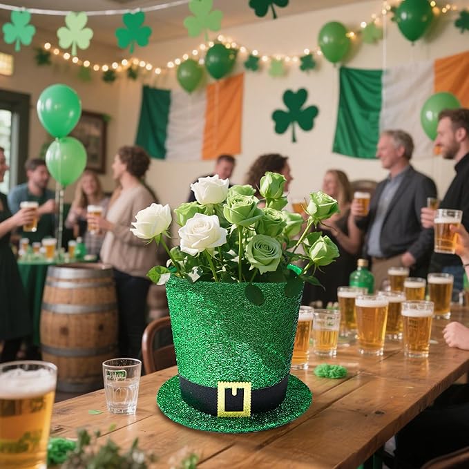 St. Patrick's Day Decorative Hat Vase, DIY Green Hat Flower Pot, St. Patrick's Day Tabletop Decoration Foldable Flower Pot Hat (Flowers Not Included)