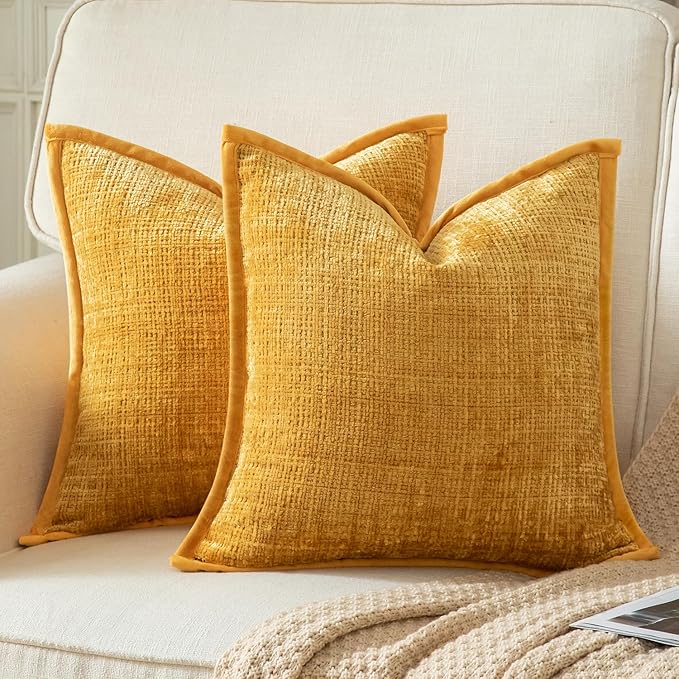 Yaertun Pack of 2 Chenille Textured Decorative Throw Pillow Covers Accent Solid Cushion Cover Soft Cozy Pillow Case with Velvet Back for Couch Sofa Bed Living Room 16x16 Inch Yellow