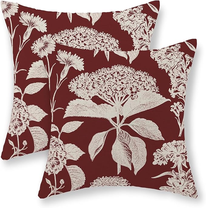 Burgundy Red Pillow Covers 18x18 Set of 2 Vintage Boho Herbs Botanical Floral HydrangeaThrow Pillows Outdoor Flower Decorative Pillow Cases Linen Farmhouse Cushion Case for Couch Sofa Decor