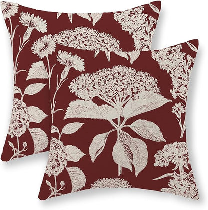 Burgundy Red Pillow Covers 18x18 Set of 2 Vintage Boho Herbs Botanical Floral HydrangeaThrow Pillows Outdoor Flower Decorative Pillow Cases Linen Farmhouse Cushion Case for Couch Sofa Decor