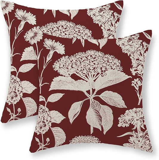 Burgundy Red Pillow Covers 18x18 Set of 2 Vintage Boho Herbs Botanical Floral HydrangeaThrow Pillows Outdoor Flower Decorative Pillow Cases Linen Farmhouse Cushion Case for Couch Sofa Decor