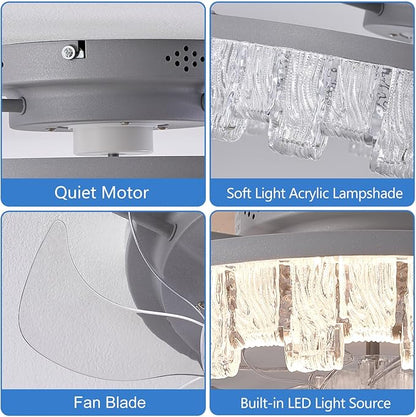 Rustic Silver Caged Ceiling Fan with Light, Personalized Fashion Ceiling Fan Remote Control with Acrylic, LED Low Profile Ceiling Light for Bedroom Kitchen Living Room