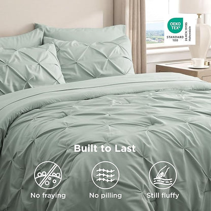 Bedsure California King Comforter Set - Bed in a Bag Cal King Bedding Set 7 PCS, GentleSoft™ Pintuck Bed Set Gift for Family, Pinch Pleat Sage Green Comforter with Sheets, Pillowcases & Shams