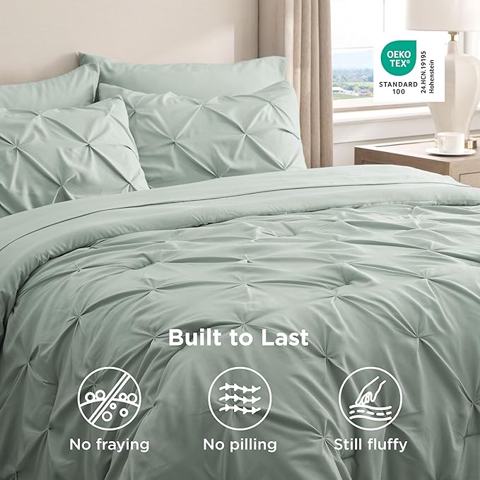 Bedsure King Size Comforter Set Sage Green - Bed in a Bag Bedding Set 7 Pieces, GentleSoft™ Pintuck Bed Set Gift for Family, Pinch Pleat Sage Green Comforter with Sheets, Pillowcases & Shams