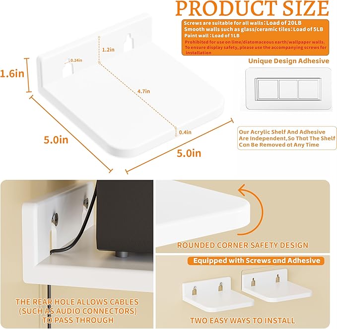 Yieach 5 Inch Mini Shelf for Wall,4 Pack Plant Shelves Indoor,Small Acrylic Floating Shelves for Wall and Display Ledges Picture,Funko,Anime Figure,Figurine,White