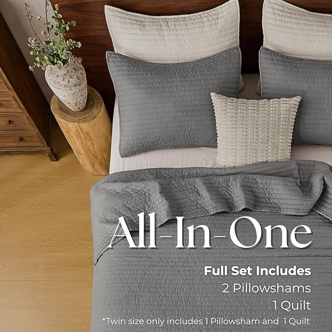 DOWN HOME King Quilt Bedding Set with Shams, Vintage Washed Soft Quilted Blanket Thin Comforter Lightweight Bedspread Coverlet Bed Cover, Brushed Microfiber Stripe Stitching, Ash Gray, 104"x90"