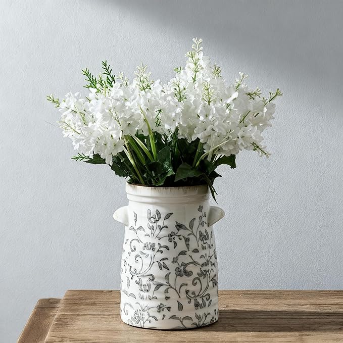 SIDUCAL Ceramic Gray and White Vase with 2-Ear, 8 Inch Ice Cracked Vintage Pastoral Vase, Rustic Farmhouse Vases for Home Decor, Table, Living Room, Shelf Decor, Chinoiserie Decor, Gray Floral Pattern