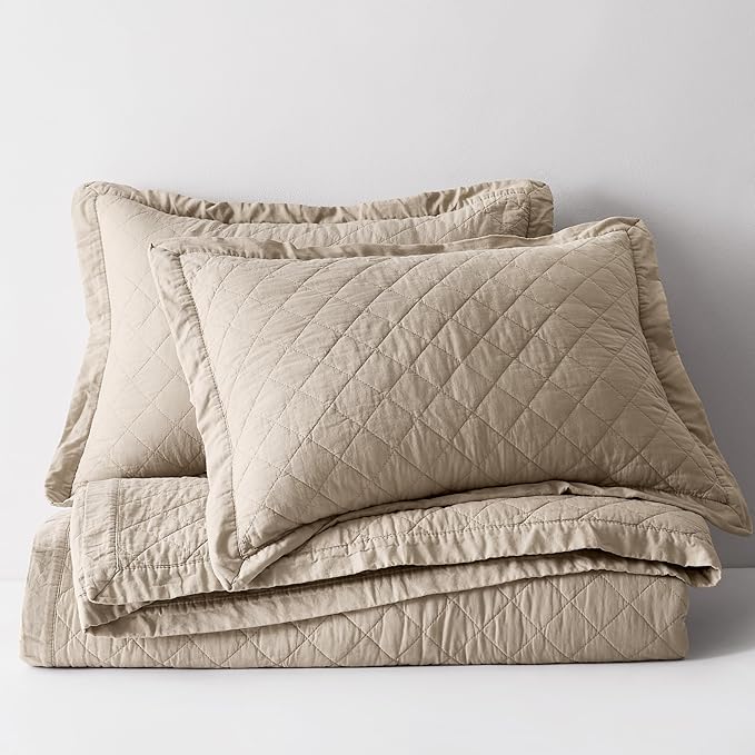 WDCOZY 100% Pre-Washed Cotton Oversized King Size Quilt Set - Beige California Cal King Soft Lightweight Bedspread, Textured Like Linen, Farmhouse Country Rustic Coverlet, Diamond Stitch Bedding