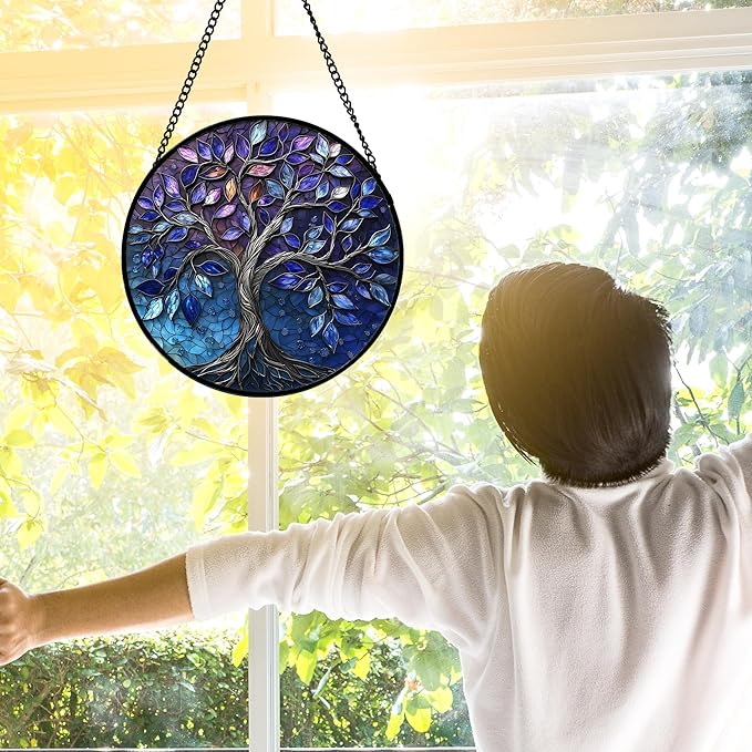 DASTOLL Stained Glass Window Hanging, Blue Purple Tree of Life Sun Catchers Colorful Glass Panel Plants Suncatcher Decor for Birthday for Women,Men,Wife, Lovers, and Mom 7.8 in