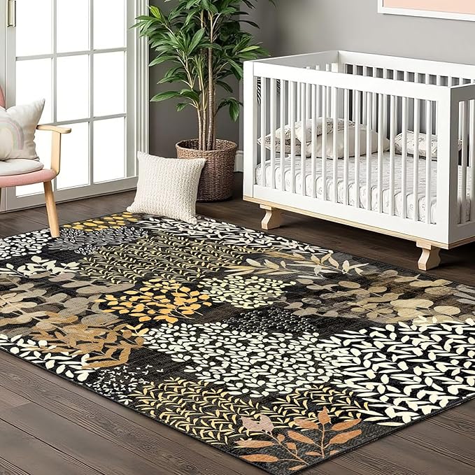 DEXDE Washable Area Rug 3x5 for Living Room, Abstract Small Boho Rugs Non Slip Soft Kids Room,Vintage Leaves Floral Carpet for Bedroom Entryway Kitchen Office Dining Room, Black