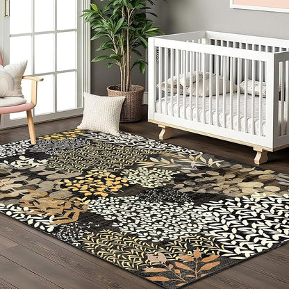 DEXDE Washable Area Rug 3x5 for Living Room, Abstract Small Boho Rugs Non Slip Soft Kids Room,Vintage Leaves Floral Carpet for Bedroom Entryway Kitchen Office Dining Room, Black