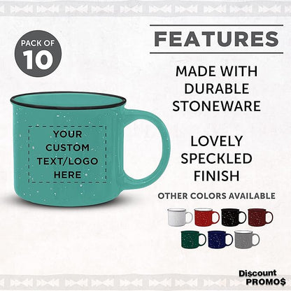 DISCOUNT PROMOS Custom Ceramic Campfire Coffee Mugs 13 oz. Set of 10, Personalized Bulk Pack - Perfect for Tea, Espresso, Cappuccino, Hot Cocoa - Mint