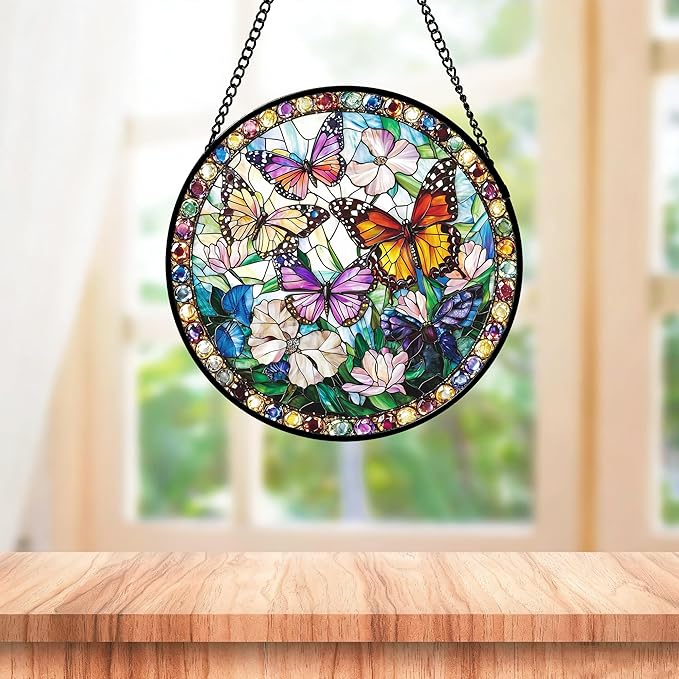 DASTOLL Stained Glass Window Hanging, Colorful Butterfly Suncatcher for Doors Home Sun Catchers Decoration and Christmas, Mother's Day Birthday Gifts for Women, Men, and Mom 6.3 in