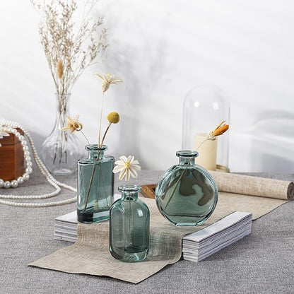 Joeyan Green Glass Bud Vase Set of 3 - Decorative Rustic Flower Vase - Small Bottle Vase Centerpieces for Wedding, Home, Office, Table Décor