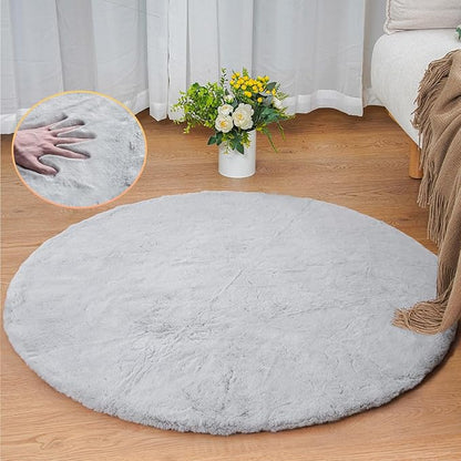 Round Furry Rugs for Living Room Faux Rabbit Fluffy Fur Rug for Bedroom Washable Area Rugs Boho Circle Rug Grey Shag Rug 4ft