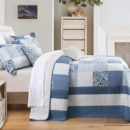 SahSahCasa 100% Cotton 128"x120" Oversized California King Bedspread Coverlet Quilt Set, Cal King Plaid Paisley Floral Extra Large Reversible XL Bed Spread Lightweight Comforter, Blue/White/Gray