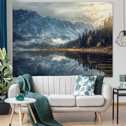 kampdream Lake Scenery Tapestry, Misty Mountains and Pine Forest Wall Hanging, Nature Home Decor for Bedroom and Living Room Wall Art Decoration
