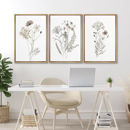 MUDECOR Framed Canvas Print Wall Art Watercolor Wildflower Art Print, Floral Botanical Prints, Minimalist Art, Modern Farmhouse for Bedroom - 24"x36"x3 Natural