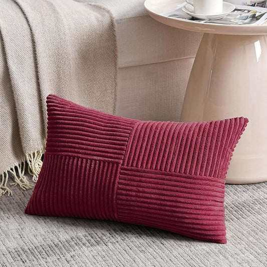 Fancy Homi 2 Packs Burgundy Lumbar Decorative Throw Pillow Covers 20x28 Inch for Living Room Couch Bed, Farmhouse Boho Home Decor, Soft Striped Corduroy Rectangle Accent Cushion Case 50x70 cm