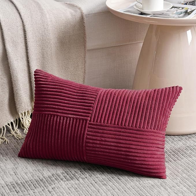 Fancy Homi 2 Packs Burgundy Yellow Lumbar Decorative Throw Pillow Covers 16x26 Inch for Couch Bed Sofa, Rustic Farmhouse Boho Spring Home Decor, Soft Striped Corduroy Rectangle Accent Cushion Case