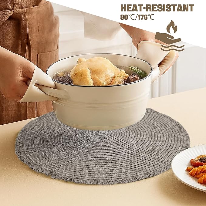 15 Inch Set of 6 Round Braided Woven Placemats Wipeable Paper Heat Resistant Table Mats with Fringe Tassel Boho Indoor Outdoor Table Placemats for Dining Tables (Grey)