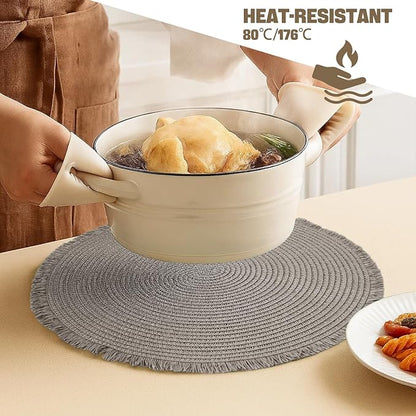 15 Inch Set of 6 Round Braided Woven Placemats Wipeable Paper Heat Resistant Table Mats with Fringe Tassel Boho Indoor Outdoor Table Placemats for Dining Tables (Grey)