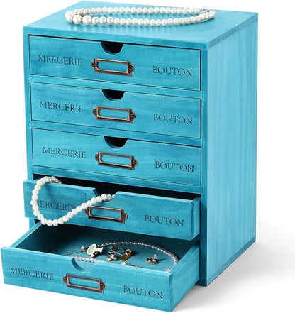 Wesiti 5 Drawer Apothecary Cabinet - Vintage Wooden Desk Organizer - Library Card Catalog Wood Storage Box - Office Desktop Dresser for Stationery, Sewing, Crafts, Junk & Supplies, Blue