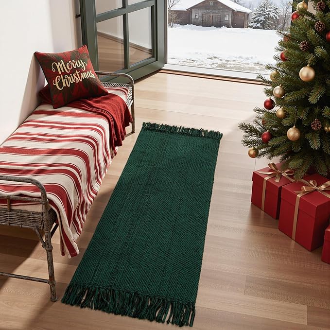 Collive Christmas Kitchen Rugs Washable, 2' x 4.3' Green Hand-Woven Farmhouse Bathroom Mats, Low File Front Door Rug Boho Reversible Bedroom Runner Carpet for Entryway Foyer Home Decor