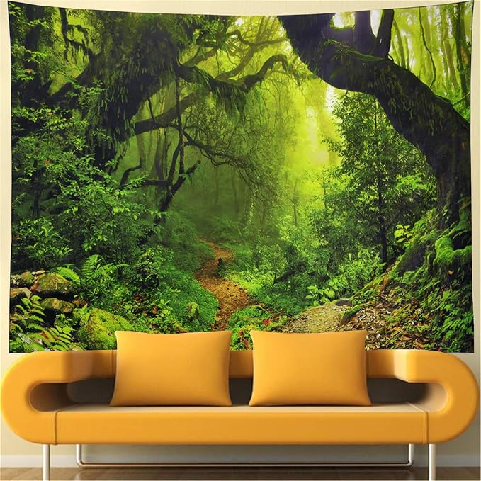 Leofanger Misty Forest Tapestry Nature Green Tree Wall Tapestry Virgin Rainforest Landscape Wall Hanging for Bedroom Living Room (59.1" × 78.7")