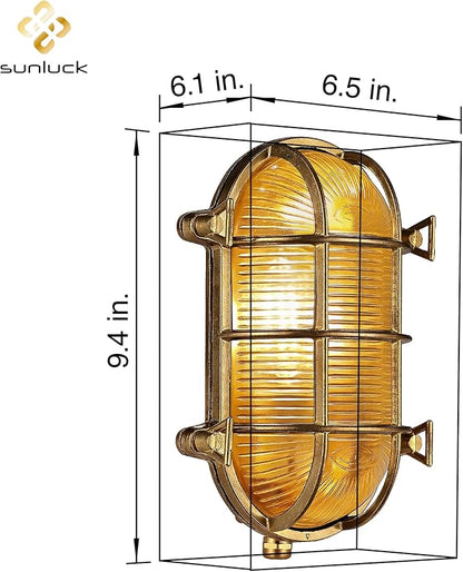 Sunluck Brass Bulkhead Light,Grid Oval Nautical Wall Light,Lampshade,Ceiling Mount Lighting,Sauna Light Waterproof IP65,Rust Resistant,for Wet Location Bath,Seaside,Ship,Basement,Garage