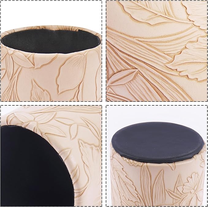 PU Leather Pen Holder Round Flash Makeup Brush Holder Desktop Pencil Storage Holder Gift for Desk Office Classroom Home(1-Carved Light Brown)