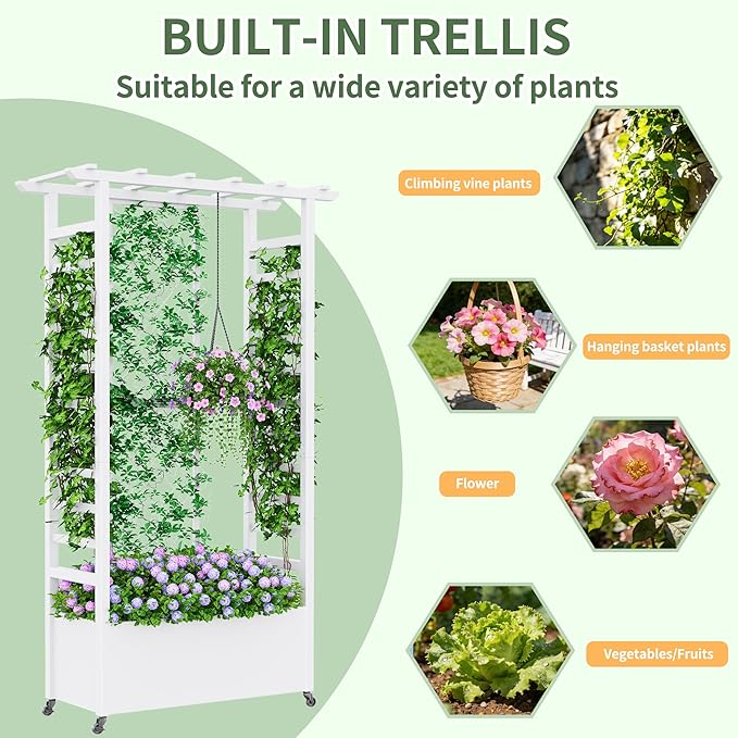 Raised Garden Bed with Trellis & Hanging Roof, Weatherproof Metal Planter Box with Wheels, Garden Arch Trellis for Outdoor Climbing Plants Vines Flowers, 74" H x 44" L x 17" W, White