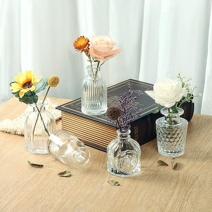 Bud Vases in Bulk - Small Glass Vase Set of 20 Different Shape Vintage, Mini Vases Clear for Flowers, Table, Wedding, Centerpieces, Home Decor