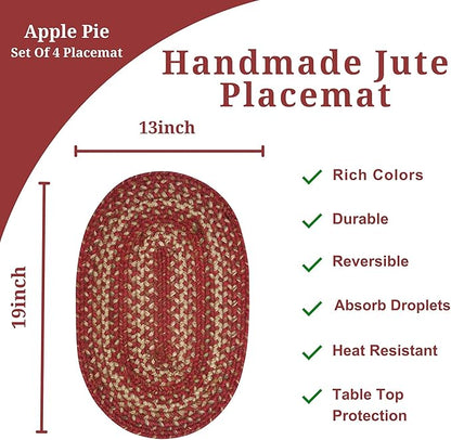 Homespice Apple Pie Jute Braided Placemats, Warm Country Decor, Set of 4, Red 13x19 Oval Table Mats - Vibrant Colors, Durable, Easy to Clean and Protects Furniture