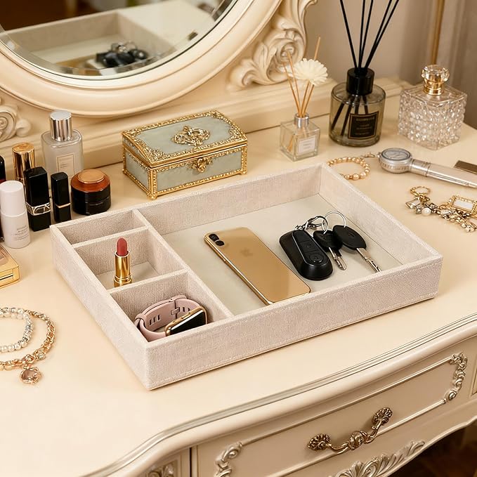 Desktop Storage Organizer, Nightstand or Dresser Organizer, Valet Tray, Entry Table Organizer, 4 Compartments,PU Leather Drawer Storage Organizer Decorative Trays. (Pearl White—2)