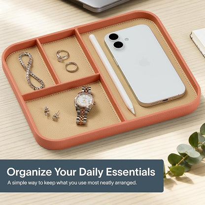 Nordik Leather Valet Tray - Coral Blush Pink - 9.5 x 7.9 Inch Medium Vegan Leather Tray - Stylish Nightstand Organizer for Men - Modern Bedside Caddy - EDC Catchall for Key Watch Wallet Jewellery