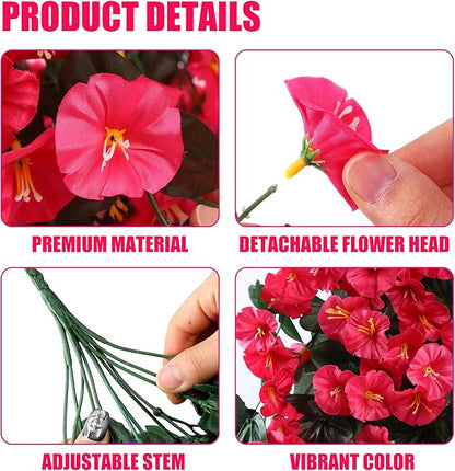 Sggvecsy Artificial Fake Hanging Flowers Plants for Outdoor Outside Spring Summer Decoration 2PCS Faux Silk UV Resistant Realistic Morning Glory Trailing Vines for Home Porch Patio Balcony(Rose red)