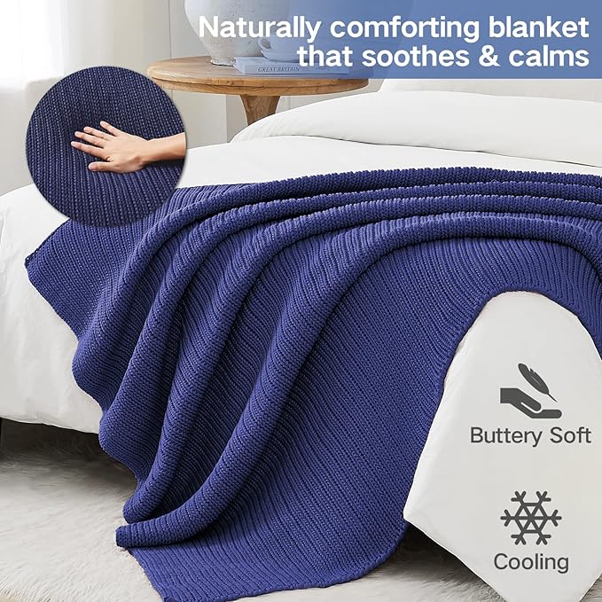 Guohaoi Knitted Weighted Blanket for Adults (Blue 50"x75" 15lbs) No Beads Cooling Throw Blanket for Hot Sleepers, Home Decor Breathable Chunky Knit Heavy Blanket Use on Full Size Bed