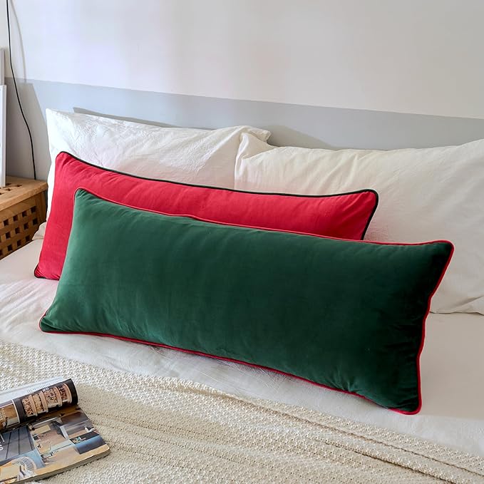 LIGICKY Christmas Long Lumbar Pillow Cover 14x36 inch Red Velvet Dark Green Rope Edging Throw Pillow Covers Decorative Rectangular Body Pillow Case Accent Textured Cushion Cover for Bed Couch